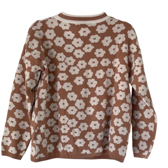 Neutral Floral Print Long Sleeve Knit Pullover Sweater, Soft, Cozy, Lounge, M - Picture 2 of 10